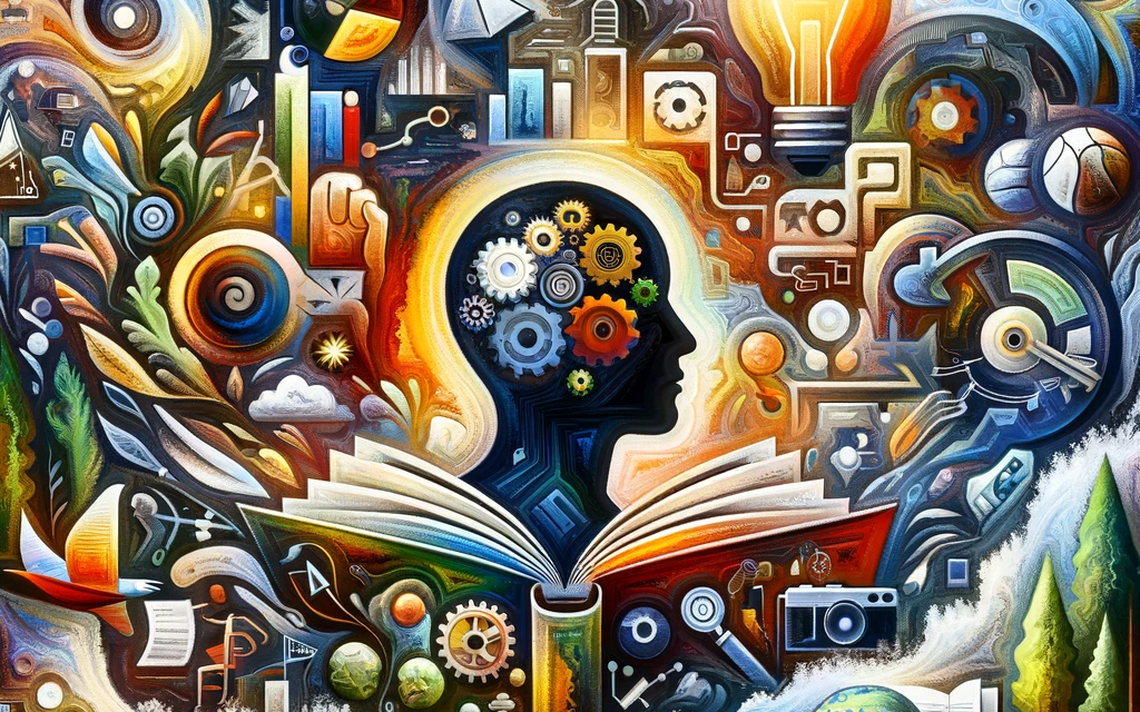 DALL·E 2023-12-09 00.43.31 - A creative, abstract depiction of educational diversity and personal development. The image portrays a central figure, a learner of indeterminate desc